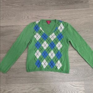 Elegant Green Cashmere V-Neck Sweater with Argyle Design